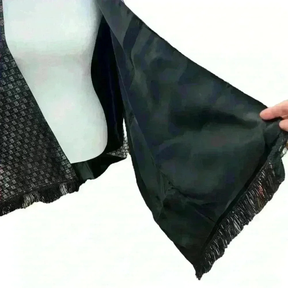 Unique fringed wrap cape with metallic green & gold indigenous figures OSFM - Picture 3 of 7